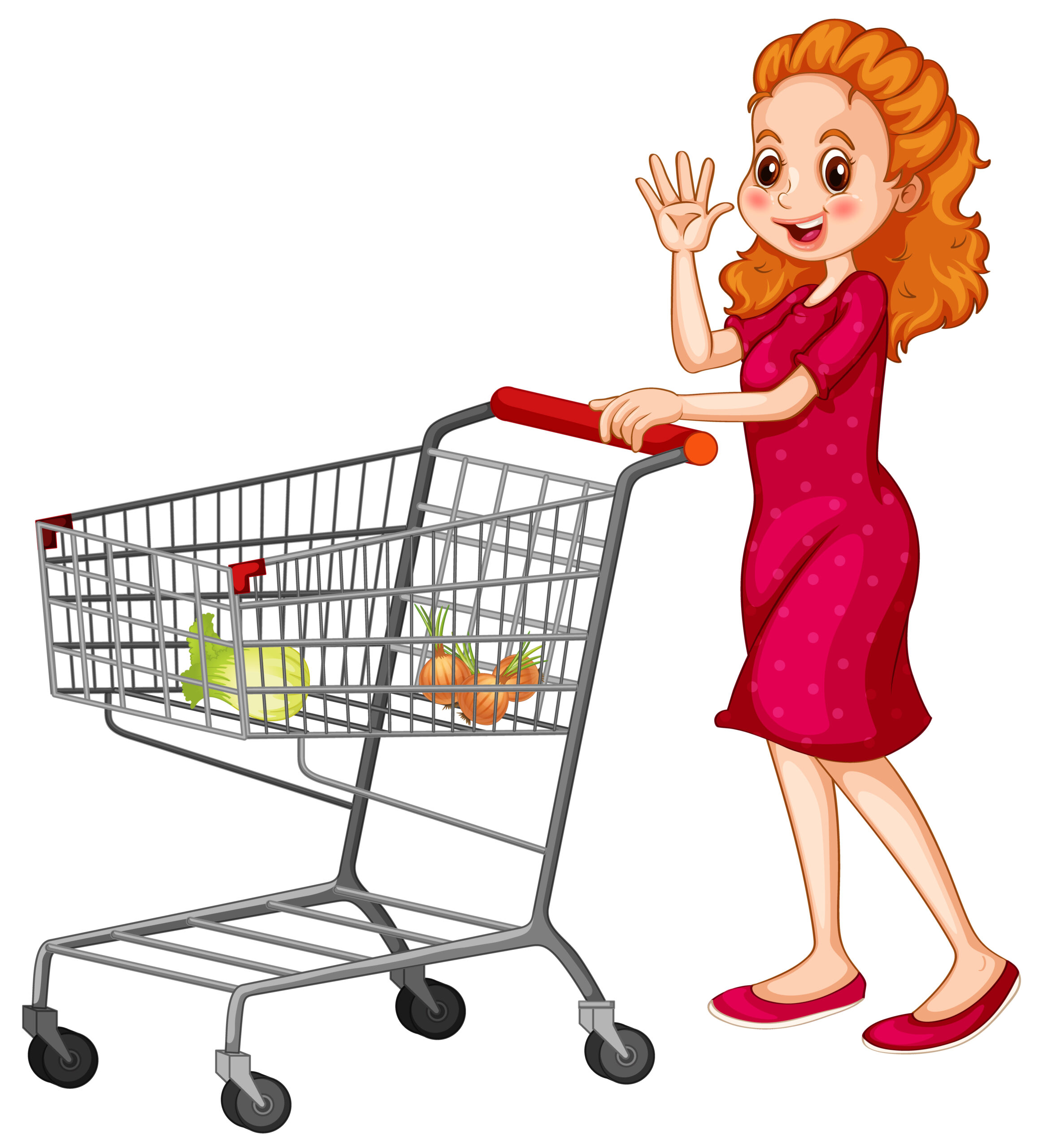 Woman pushing shopping cart on white background illustration